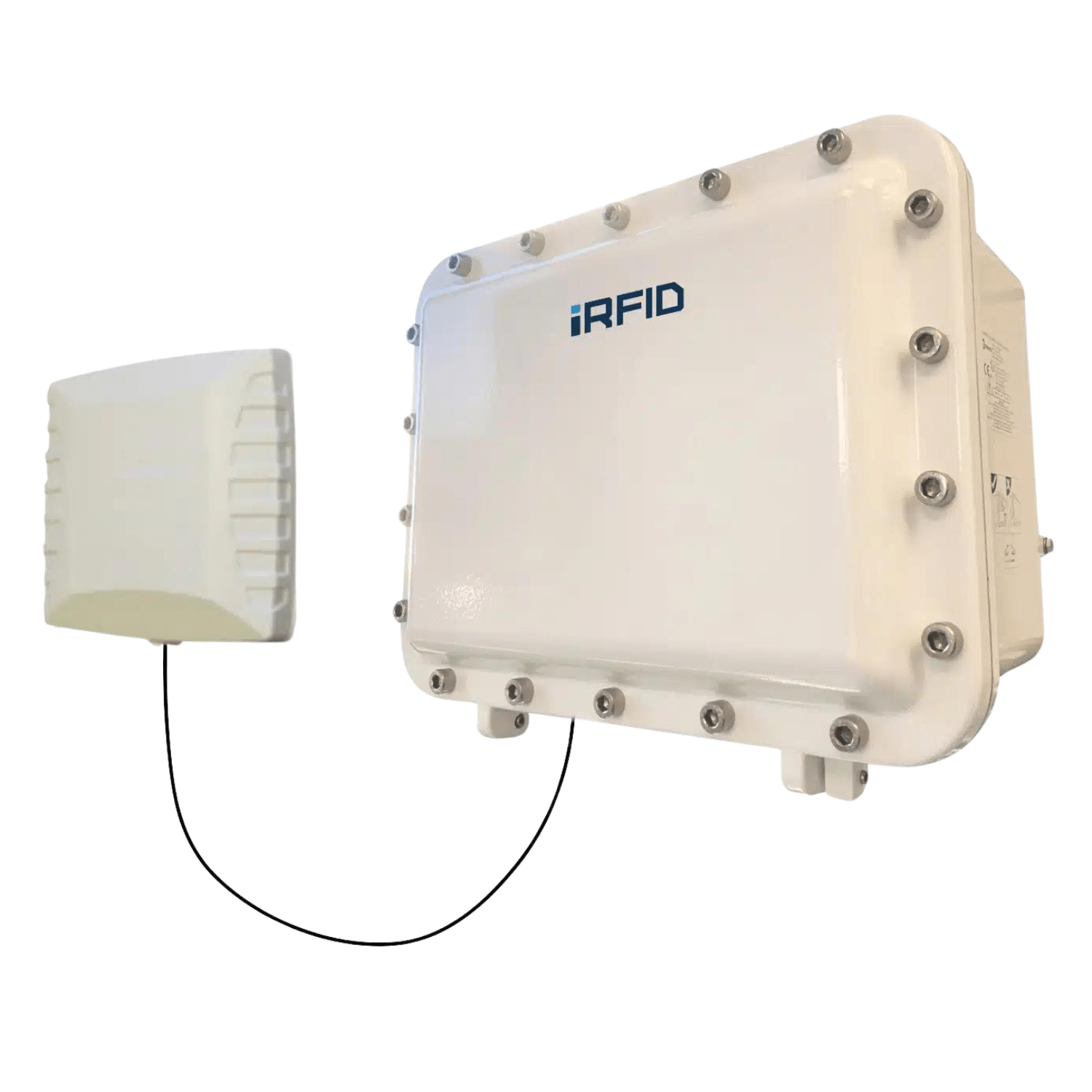 The Extronics iRFID107 Zone 1/Division 1 Universal RFID Reader Enclosure is a white, rectangular, explosion-proof reader with a cable-linked external antenna—ideal for tracking passive UHF RFID tags in hazardous areas.