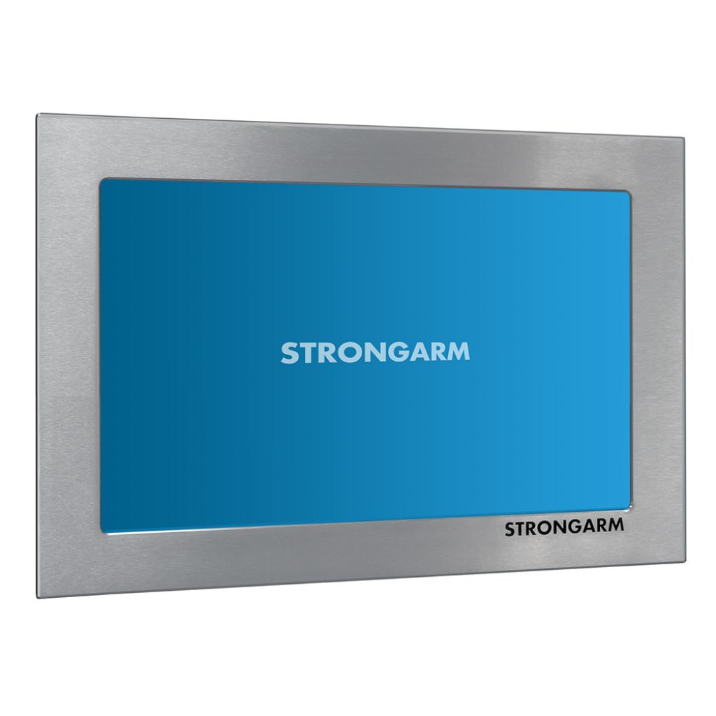 The Strongarm Industrial Panel PC is a rectangular monitor with a stainless steel frame and a blue screen showing "STRONGARM," designed for hazardous areas and engineered to meet NEMA 4X standards.