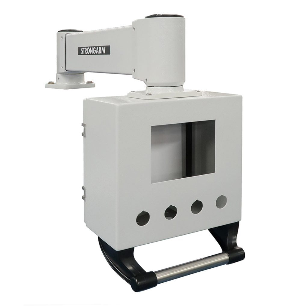 The Strongarm ARTICULATING ENCLOSURE SYSTEMS is a white NEMA Type 4X terminal enclosure with a display window, three circular cutouts, handle, gas spring-assisted adjustable arm, and STRONGARM labeling.