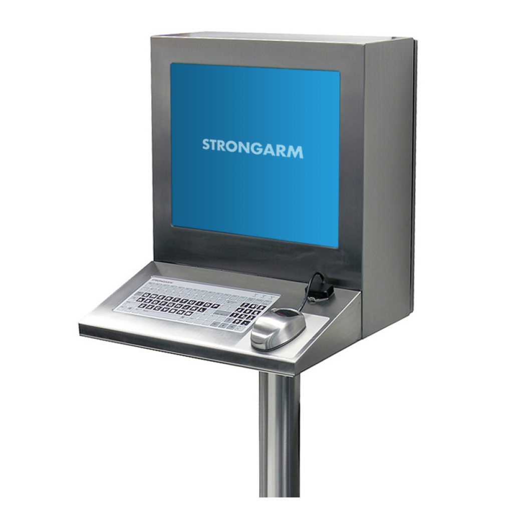 Strongarm PEDESTAL STATION is an industrial workstation with a built-in keyboard, mouse, and display, designed for reliable process control and user-friendly industrial interface solutions.