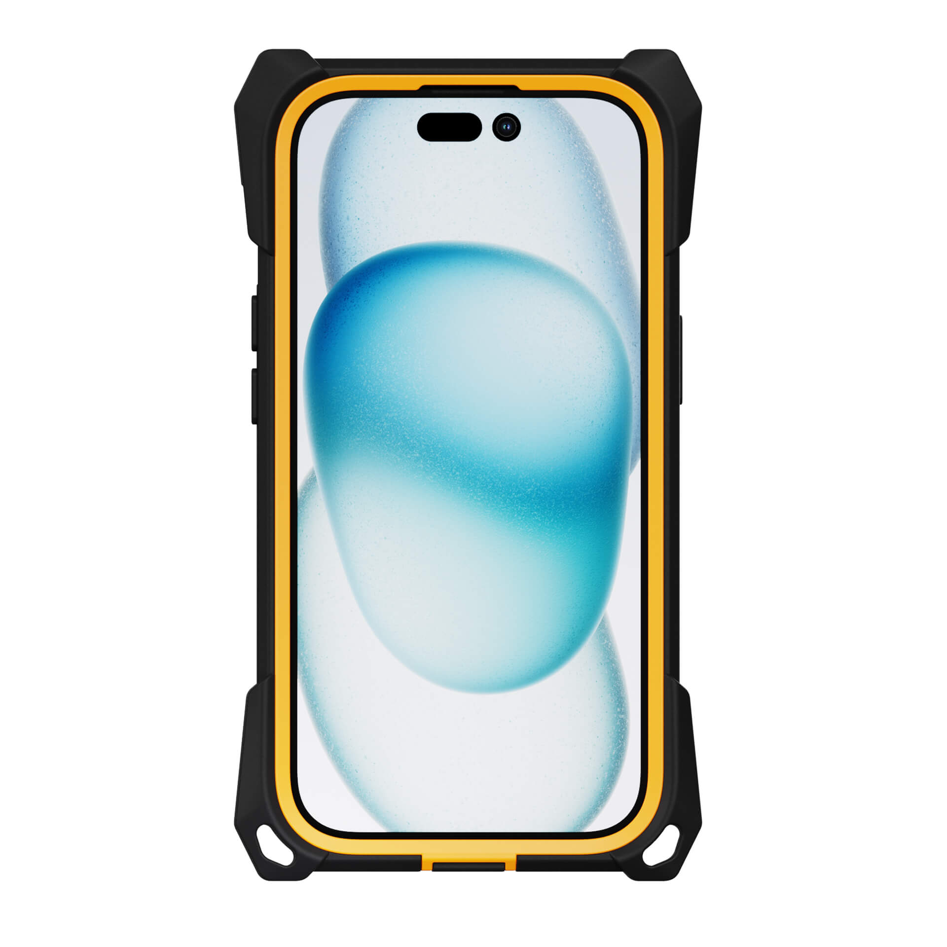 An iPhone 15 encased in The Joy Factory's aXtion® Extreme Case, featuring rugged black and yellow design for hazardous locations, displays a blue abstract wallpaper.