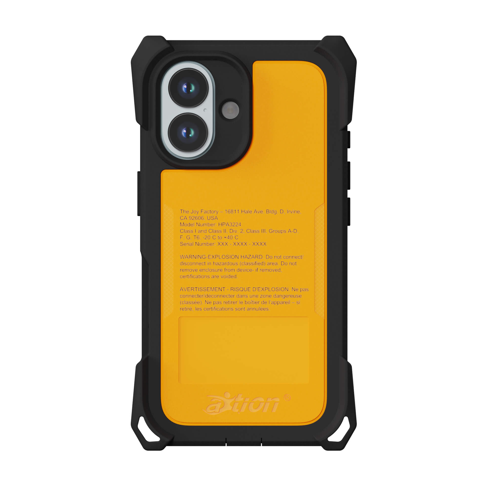 The Joy Factory aXtion Extreme Case for iPhone 17 is a rugged black and yellow MagSafe-compatible case with camera cutouts at the top left, MIL-STD-810H certification, and text printed on the yellow back panel.
