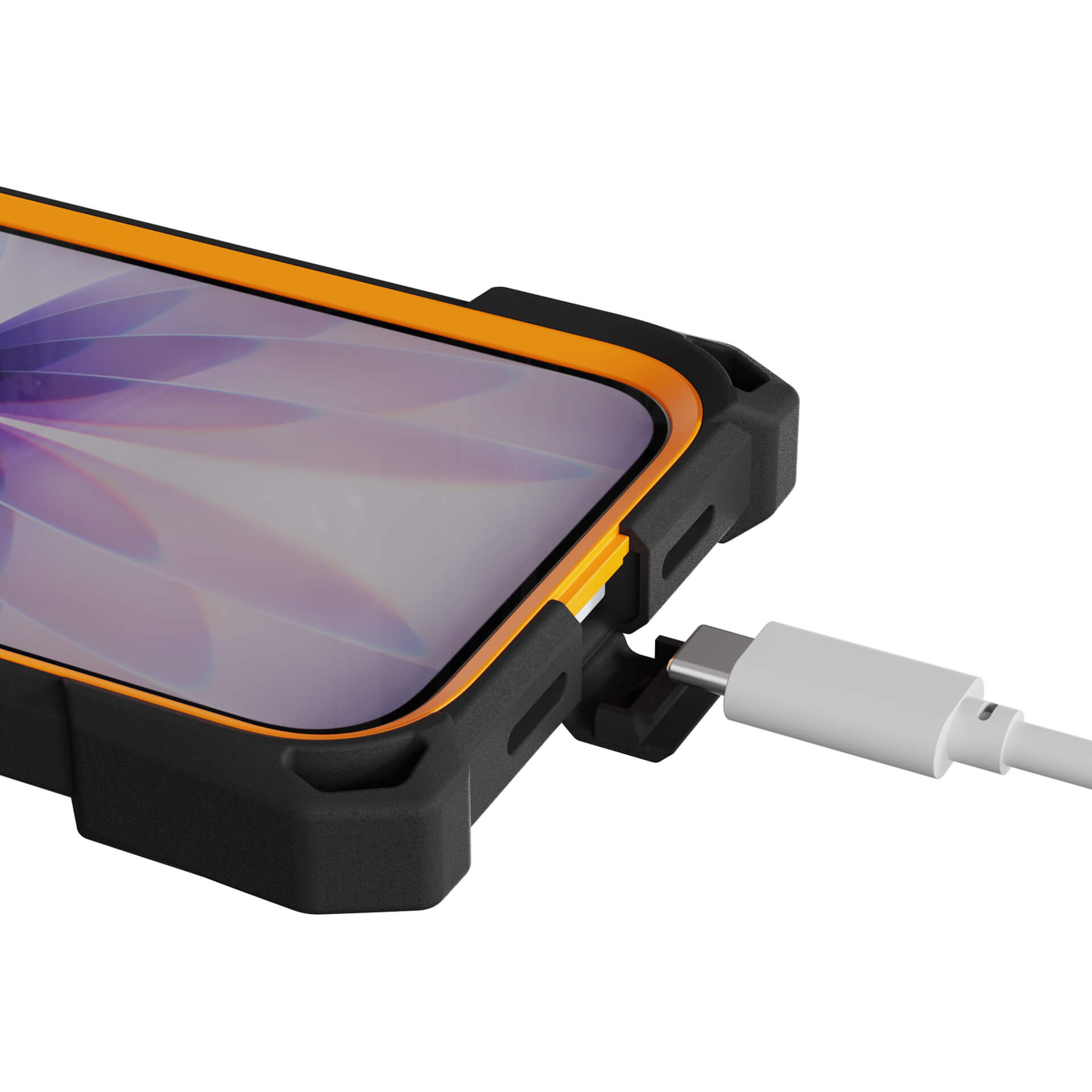 An iPhone 17, protected by The Joy Factory's aXtion Extreme MIL-STD-810H certified rugged black and orange case, is being charged via USB-C cable.
