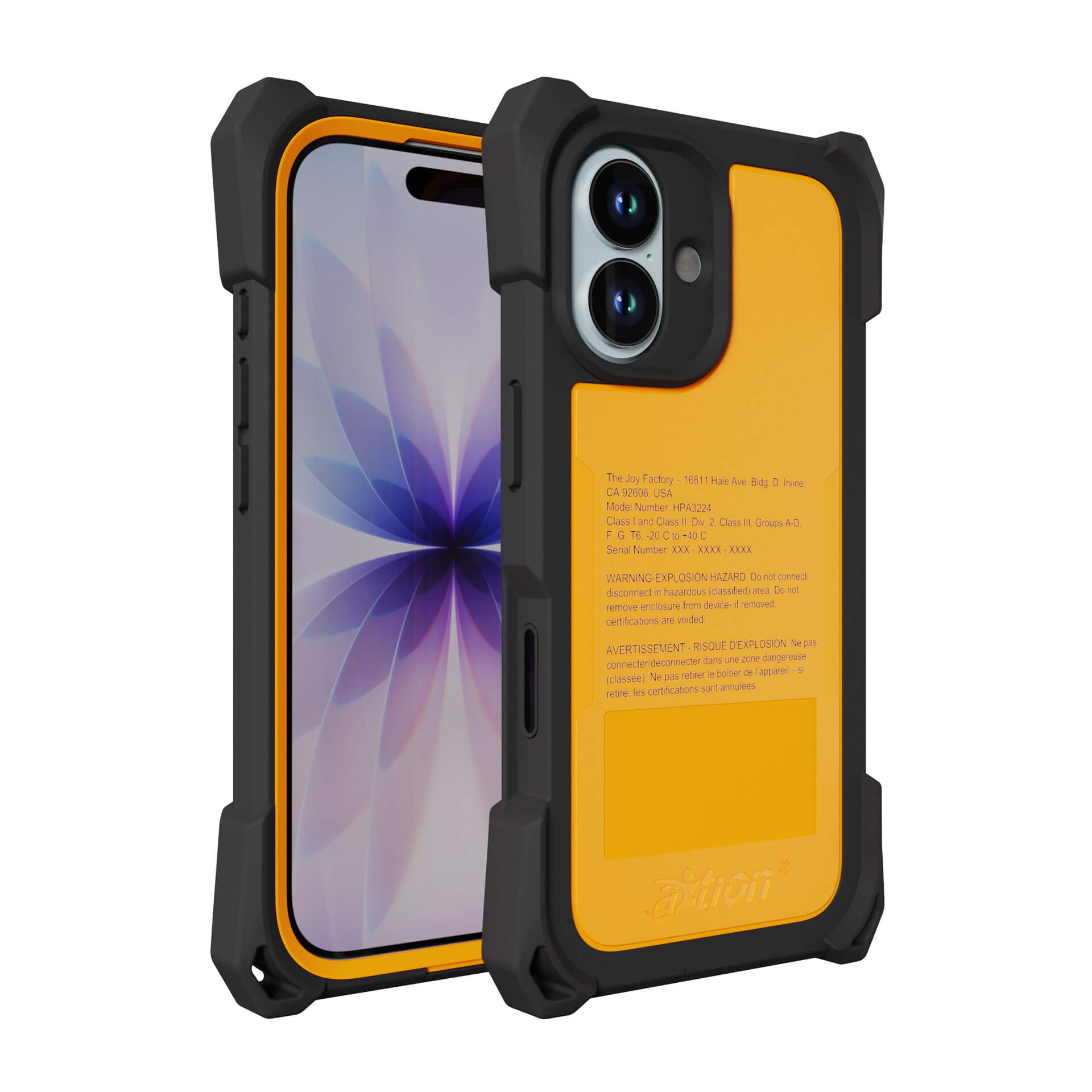 The Joy Factory aXtion Extreme Case for iPhone 17, MIL-STD-810H certified with black edges and a yellow back, is shown on a phone with dual rear cameras and a purple flower wallpaper, offering rugged protection in harsh conditions.
