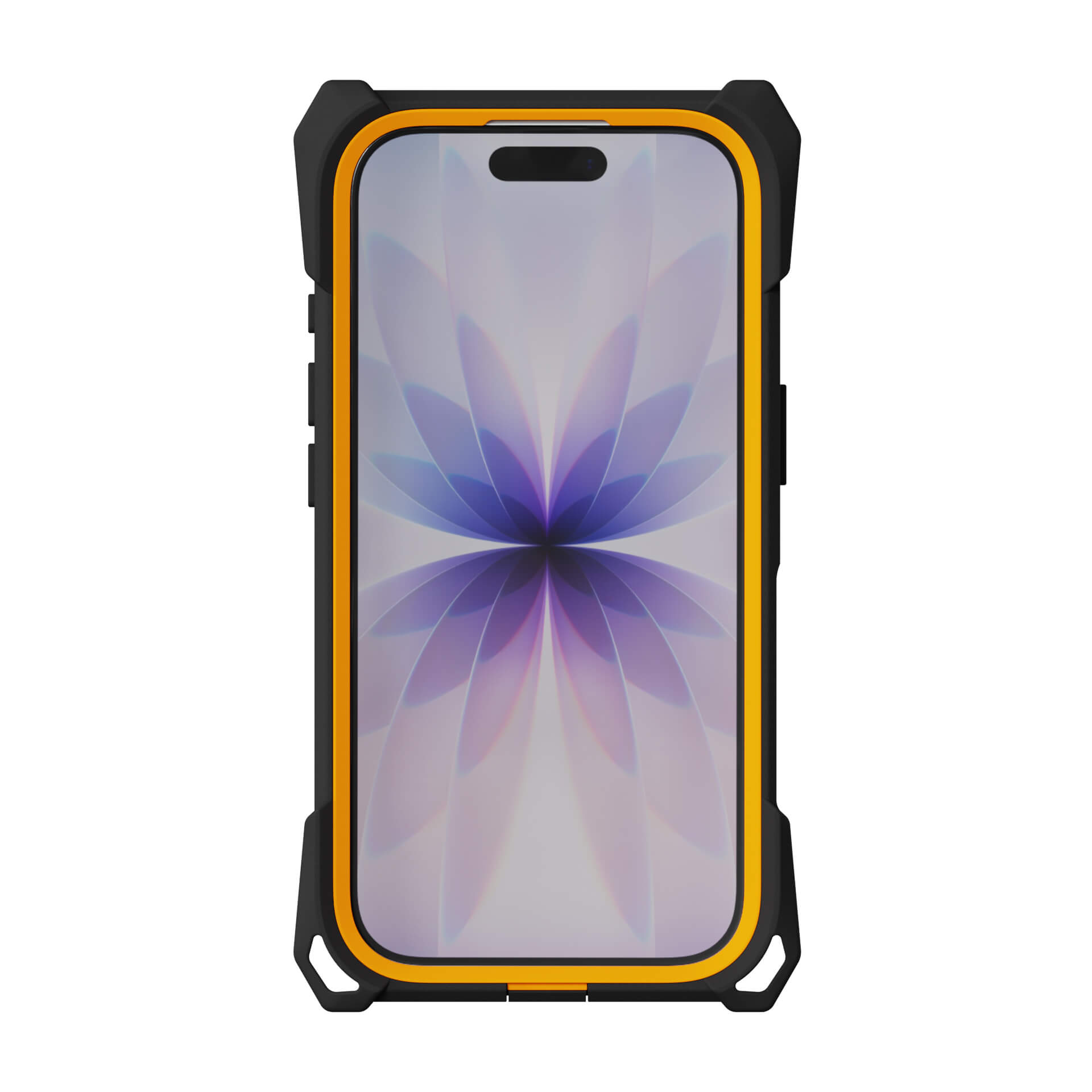 An iPhone 17 in The Joy Factory aXtion Extreme’s rugged black and yellow MIL-STD-810H certified case displays a purple and blue abstract flower pattern on its screen.