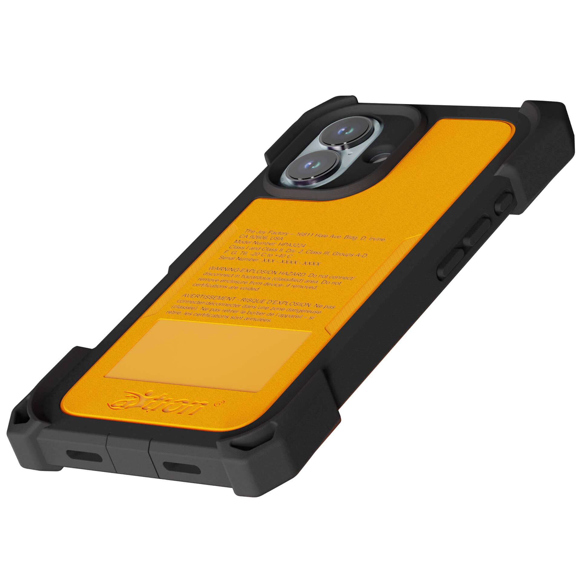 The Joy Factory aXtion Extreme Case for iPhone 17 is a rugged black and yellow MIL-STD-810H certified protective case with visible bumpers and printed text on the back.