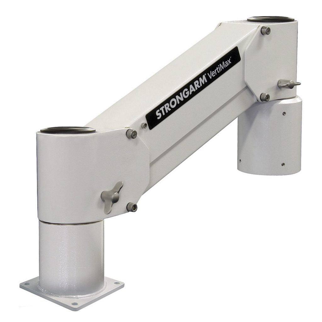 The Strongarm VERTIMAX™ is a white industrial mounting arm with two joints, installation base plates, and gas spring-assisted articulation for smooth positioning.