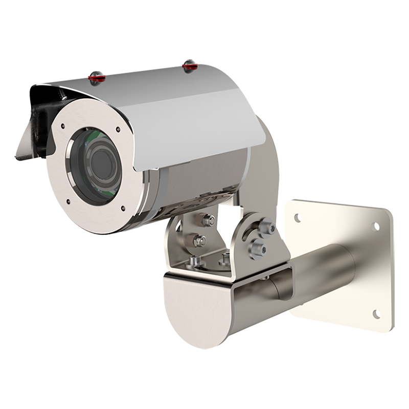 The Tecnovideo TXCTV10 POE Innovative Explosionproof Bullet Camera, featuring a metallic stainless steel body and protective cover, is wall-mounted against a plain background—perfect for hazardous locations.