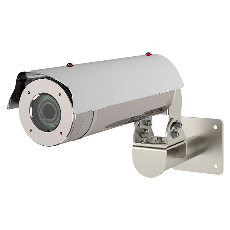 The Tecnovideo TXCTV10 Innovative Explosionproof Bullet Camera, made of stainless steel with a protective hood, is mounted on a wall bracket against a plain white background.