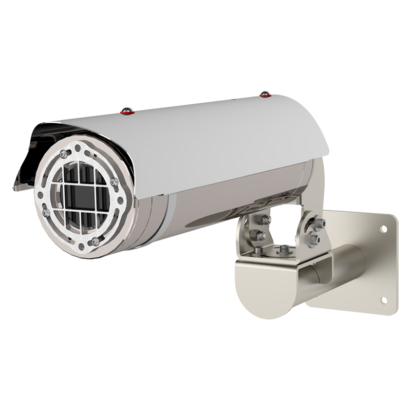 The Tecnovideo TXCTIXX Innovative Explosionproof Bullet Thermal Camera features stainless steel construction, protective housing, wall bracket mounting, and is ideal for hazardous locations, facing forward for optimal surveillance.
