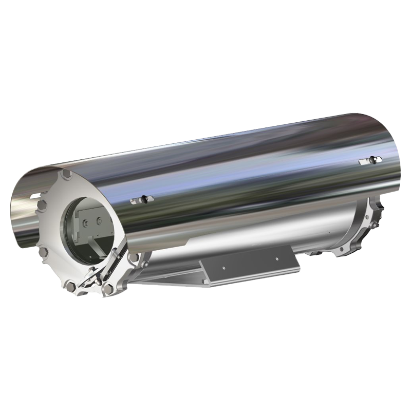 The Tecnovideo TXF / TXFUS Innovative Explosionproof NEXT Fixed Camera Housing is a cylindrical stainless steel unit with a partially open shell exposing internal parts, mounted on a flat base—ideal for hazardous or explosion-prone locations.