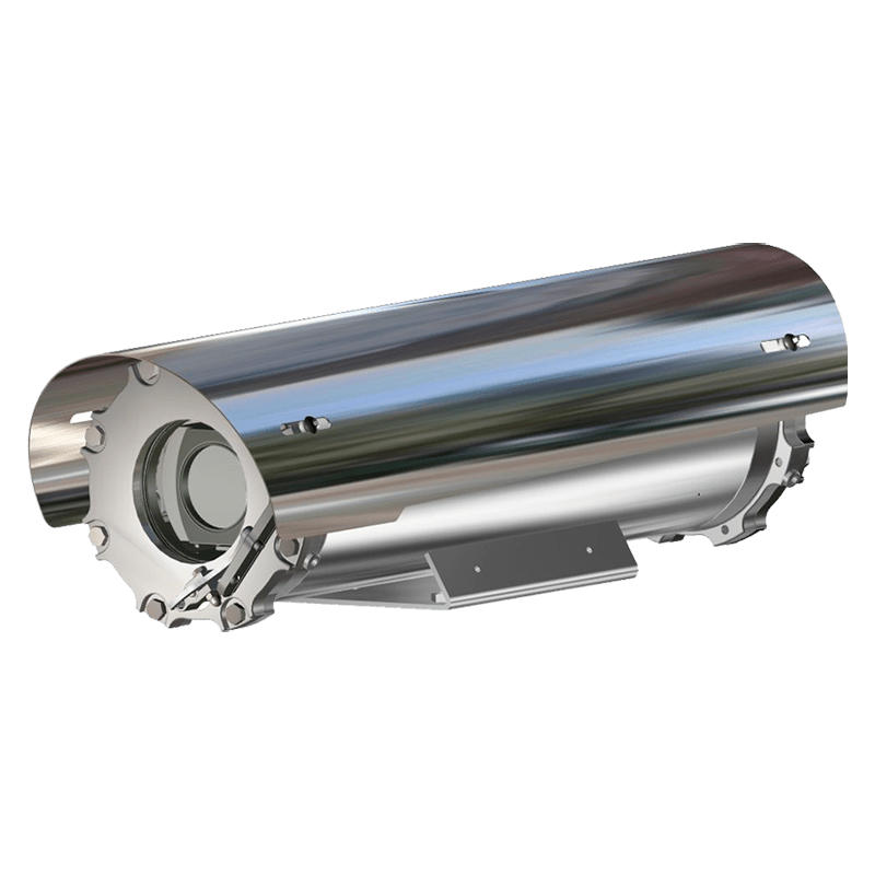 The Tecnovideo TXFTV2 / TXFUSTV2 Innovative Explosionproof Camera Station, a cylindrical stainless steel unit with glass front and mounting bracket for hazardous locations, is shown on a plain white background.