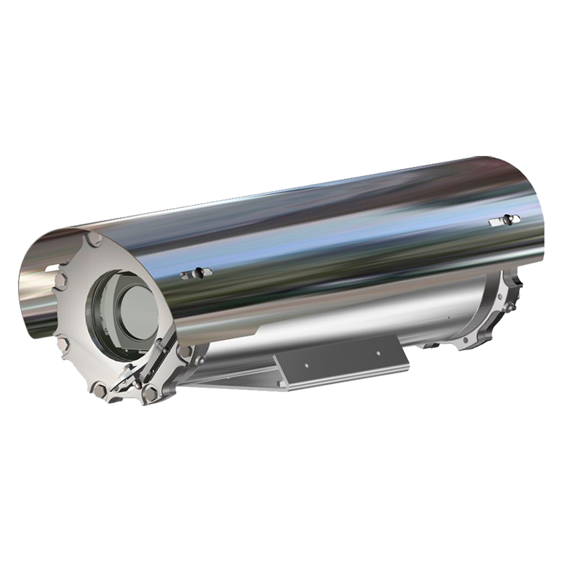 The Tecnovideo TXFTA01 / TXFUSTA01 Innovative Explosionproof Camera Station is a stainless steel, polished, cylindrical housing with a mounting bracket, designed for surveillance in hazardous locations.