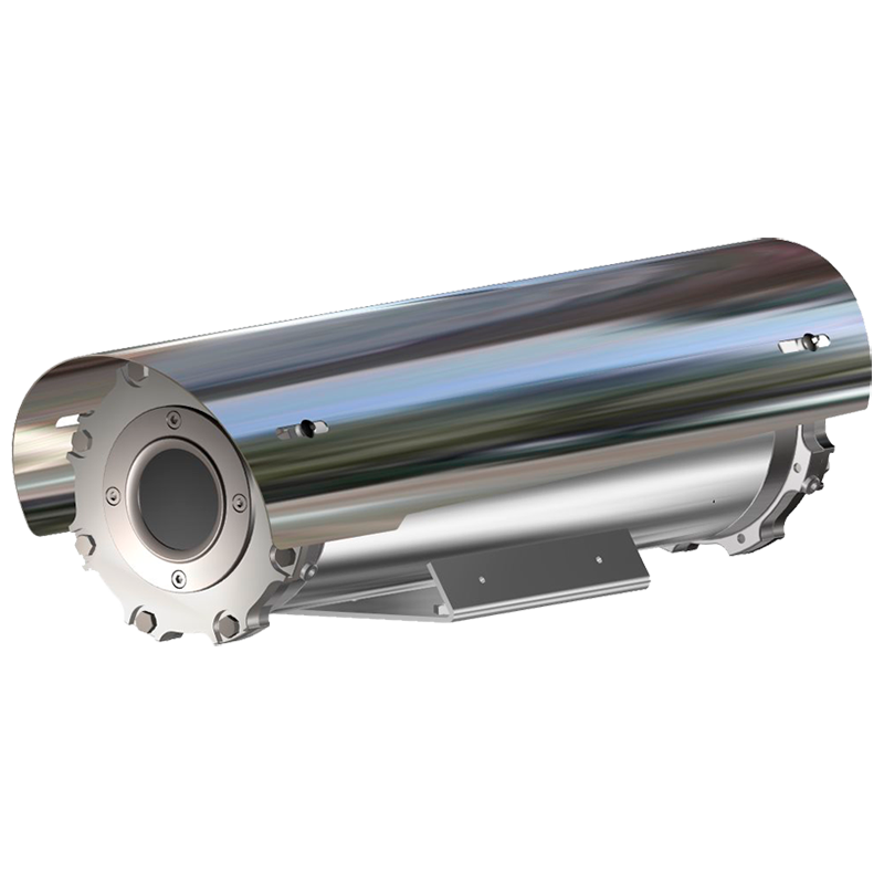 The Tecnovideo TXFTYXX/TXFUSTYXX Innovative Explosionproof Thermal Camera Station features a cylindrical stainless steel housing with mounting bracket, sealed lens cover, and smooth reflective surface—ideal for hazardous locations.