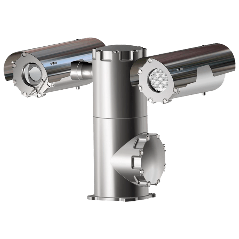 The Tecnovideo TXPTV2-LED / TXPUSTV2-LED is an innovative explosionproof PTZ camera station with IR LED, featuring dual cylindrical housings on a central pedestal—ideal for monitoring hazardous or outdoor environments.