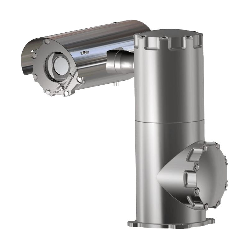 Tecnovideo TXPTV4 / TXPUSTV4 Innovative Explosionproof PTZ Camera Station features a stainless steel cylindrical body, adjustable mounting arm, and protective covers, designed for hazardous locations, isolated on white background.