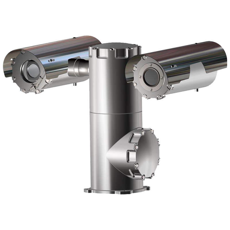 The Tecnovideo TXPDTV2-TIXX / TXPUSDTV2-TIXX is an explosionproof day/night and thermal PTZ camera station with a robust stainless steel build, ideal for hazardous locations thanks to its durable design and advanced protection features.