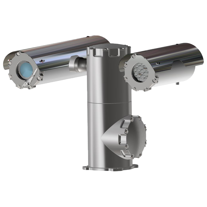 The Tecnovideo TXPTB-LED / TXPUSTB-LED is a stainless steel explosionproof PTZ camera station with IR LED, featuring a robust cylindrical design and flanged ends for safe, durable use in hazardous locations.