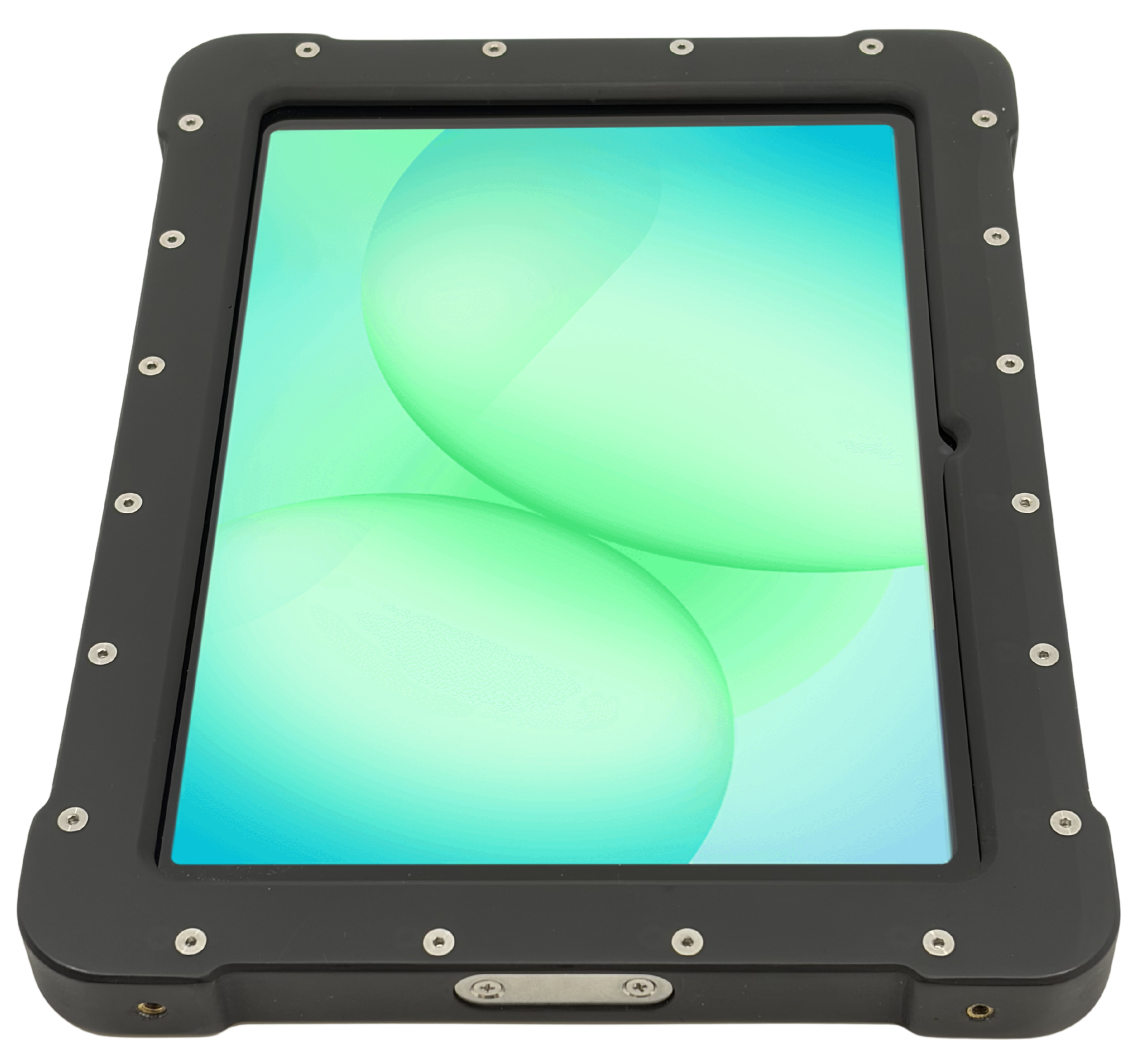 The Armadex Zone 2/22 Ex UniCase for Galaxy Tab A11+ features an impact-resistant, thick black frame and displays a vivid green and blue abstract screen.