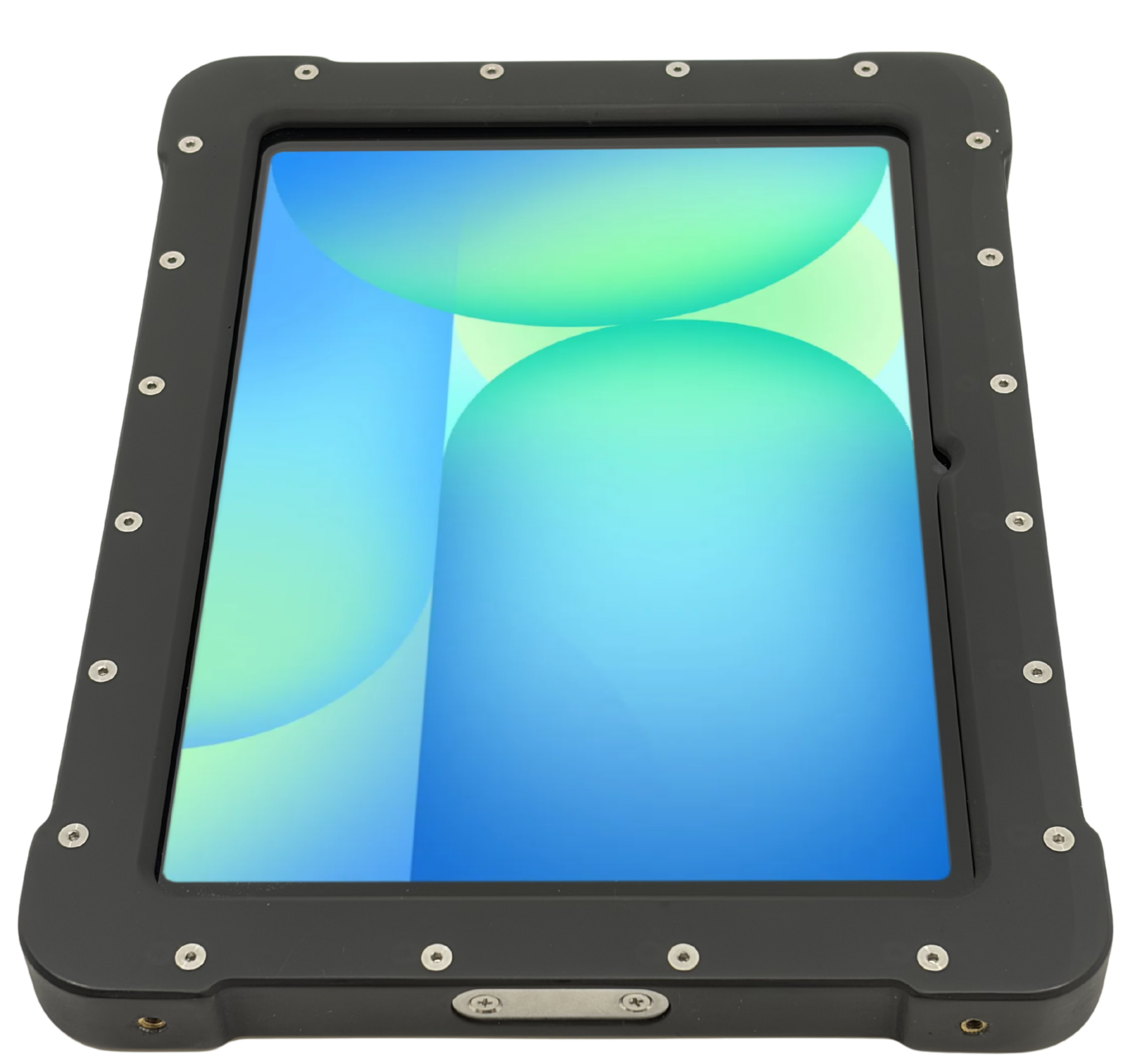 The Armadex Zone 2/22 Ex UniCase for Galaxy Tab S10 FE is a rugged tablet with an impact-resistant body, a thick black protective frame, and a blue-green abstract display.