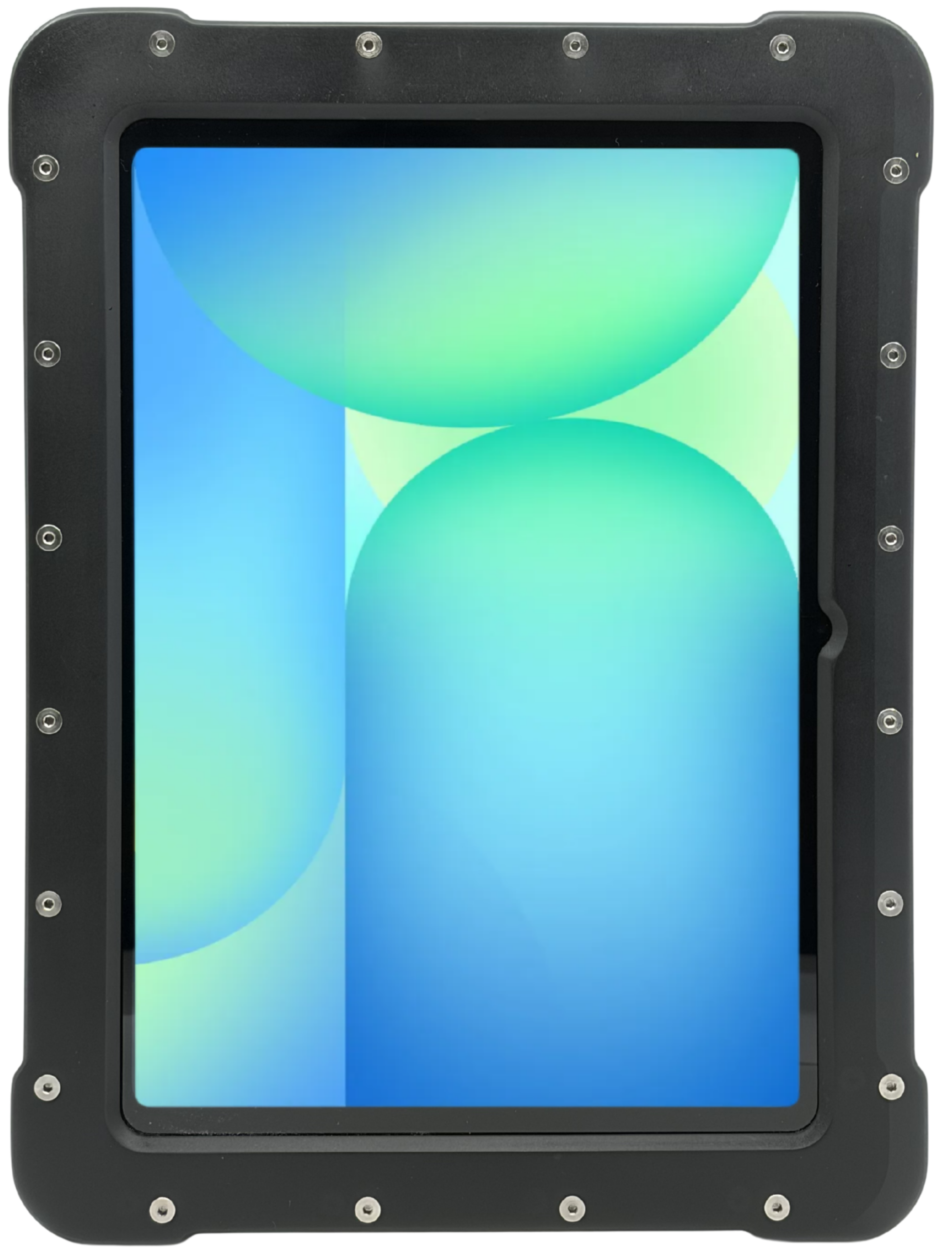 The Armadex Zone 2/22 Ex UniCase for Galaxy Tab S10 FE features an impact-resistant black case with visible screws, enclosing a tablet displaying a vibrant blue and green screen.
