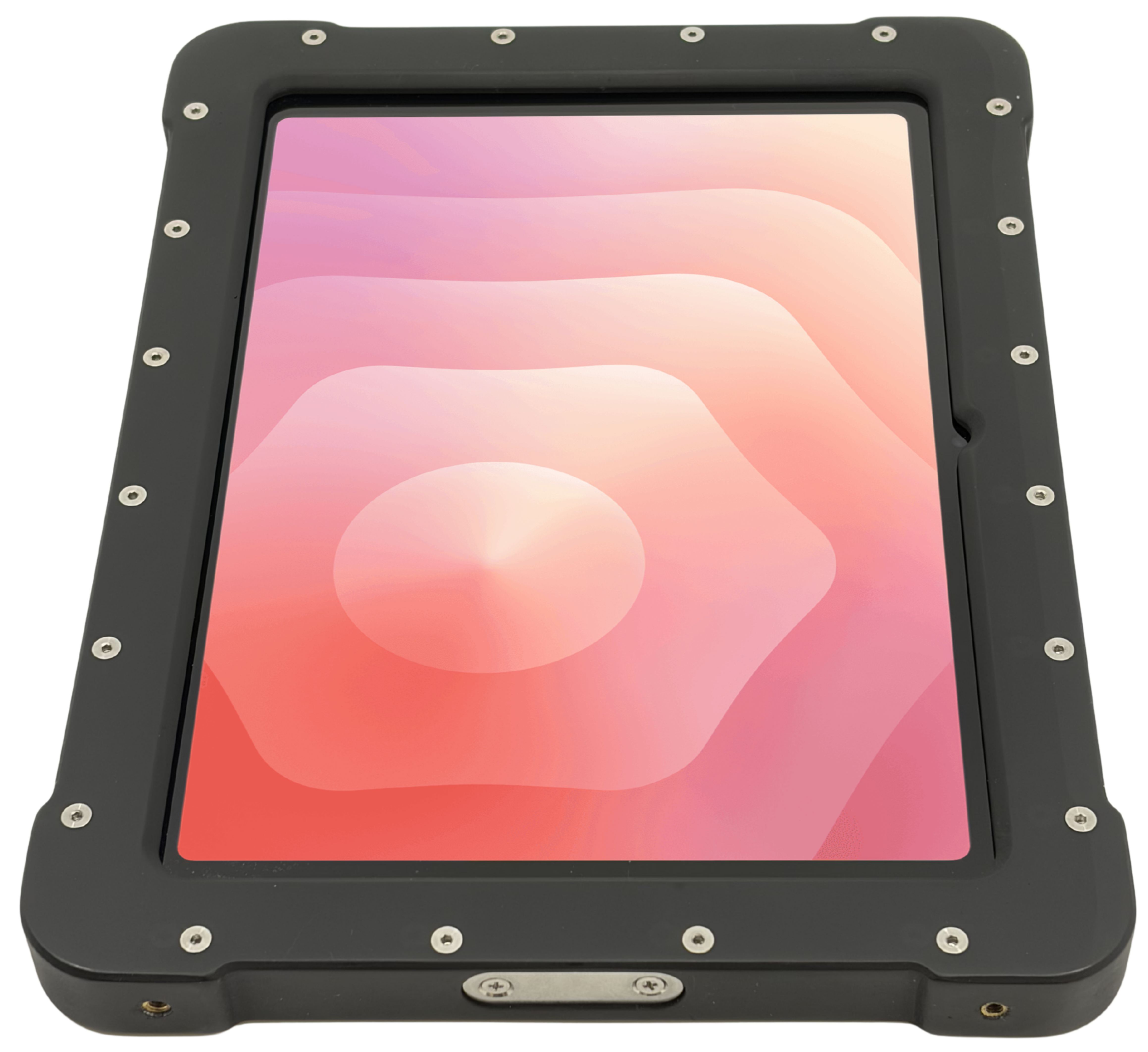 The Armadex Zone 2/22 Ex UniCase for Galaxy Tab S11 is a rugged tablet with an impact-resistant, thick black frame, displaying a pink and orange abstract pattern on its screen.