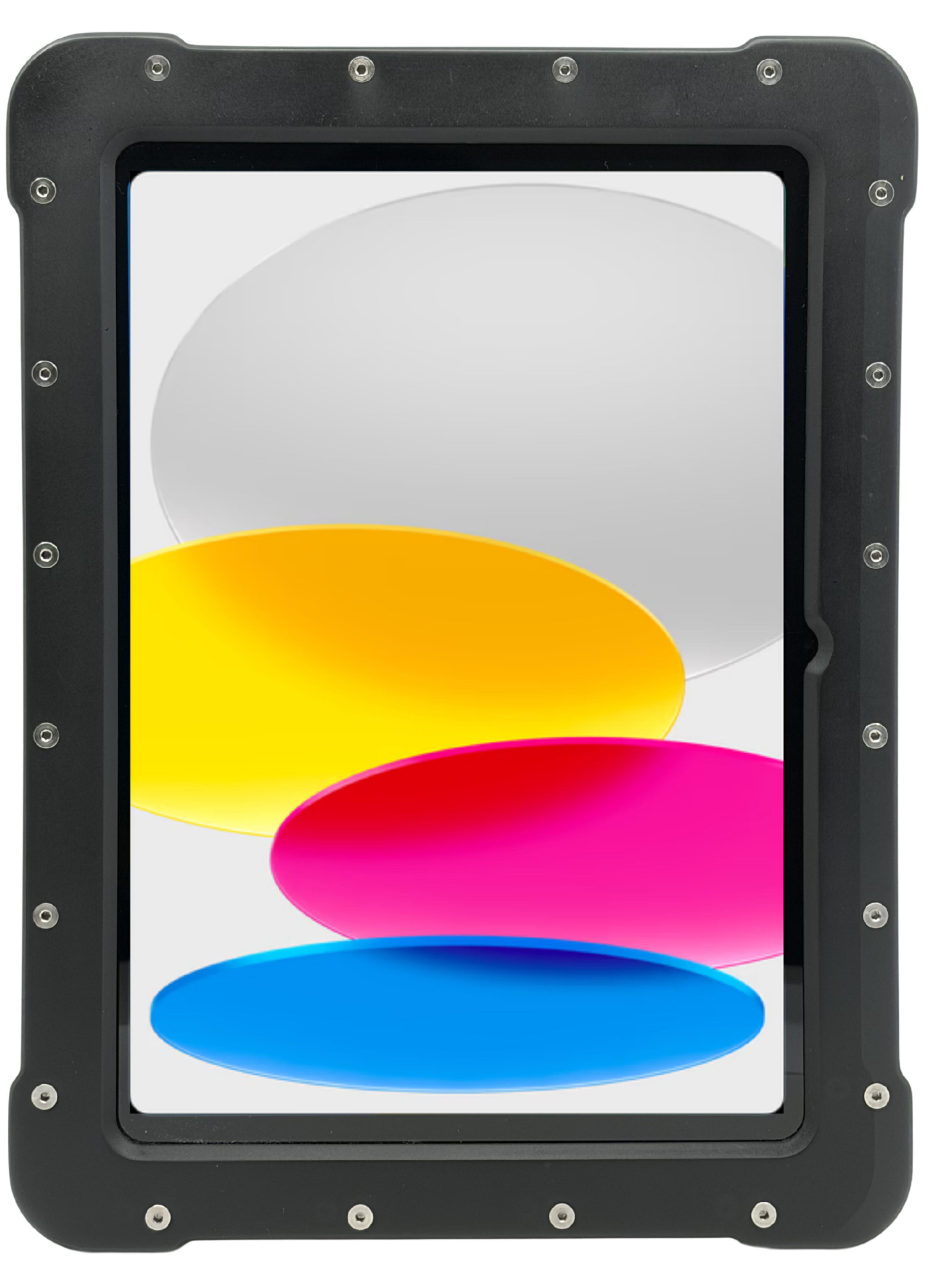 The Armadex Zone 2/22 Ex UniCase - iPad (A16) is a rugged black tablet with an impact-resistant body, showing large overlapping gray, yellow, pink, and blue ovals on a white screen.