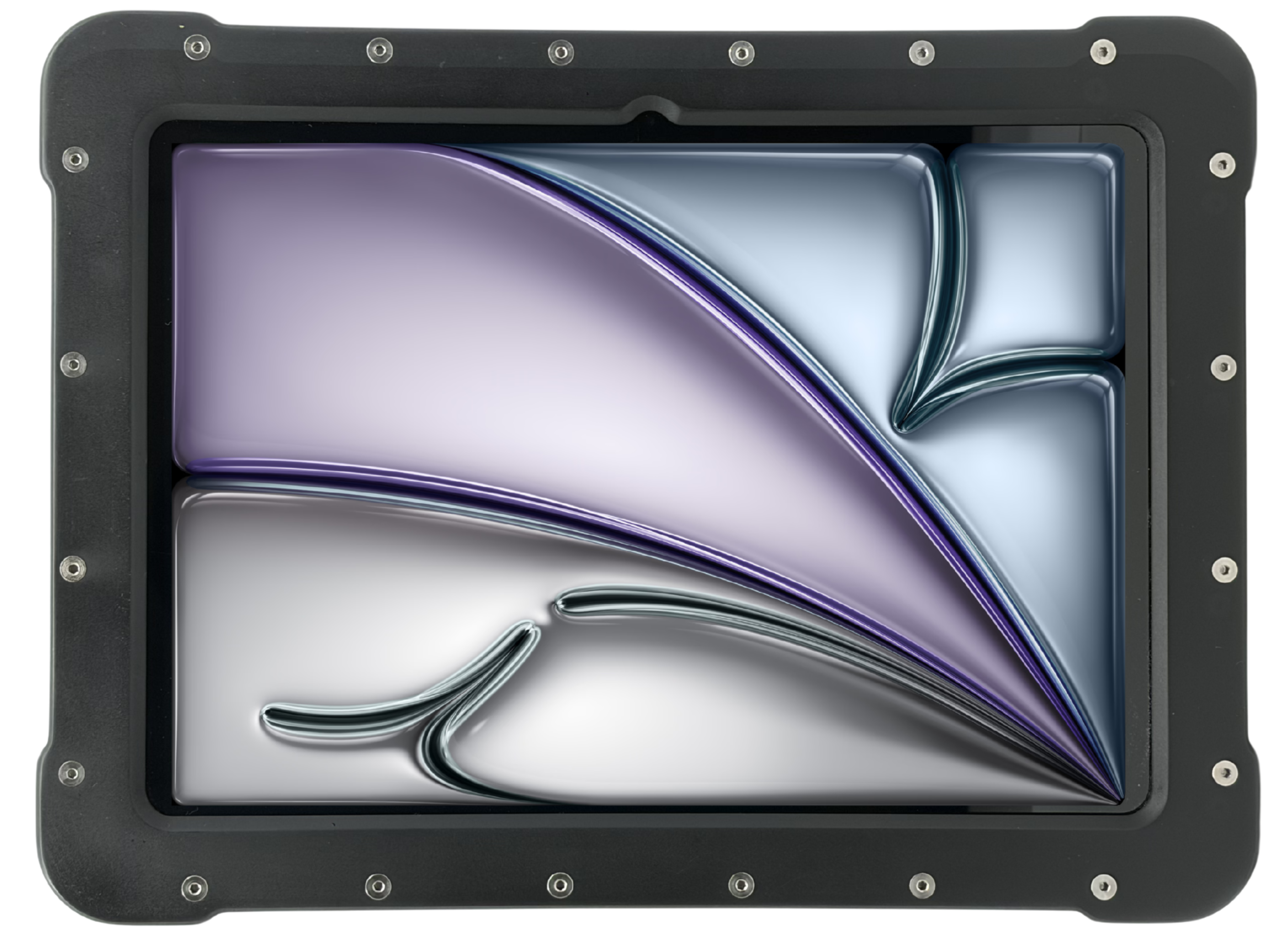 The Armadex Zone 2/22 Ex UniCase for iPad Air (M3, 2025) features a rectangular black frame with metallic screws and a glossy abstract purple, blue, and silver pattern—built on the Universal UniCase platform for durability.