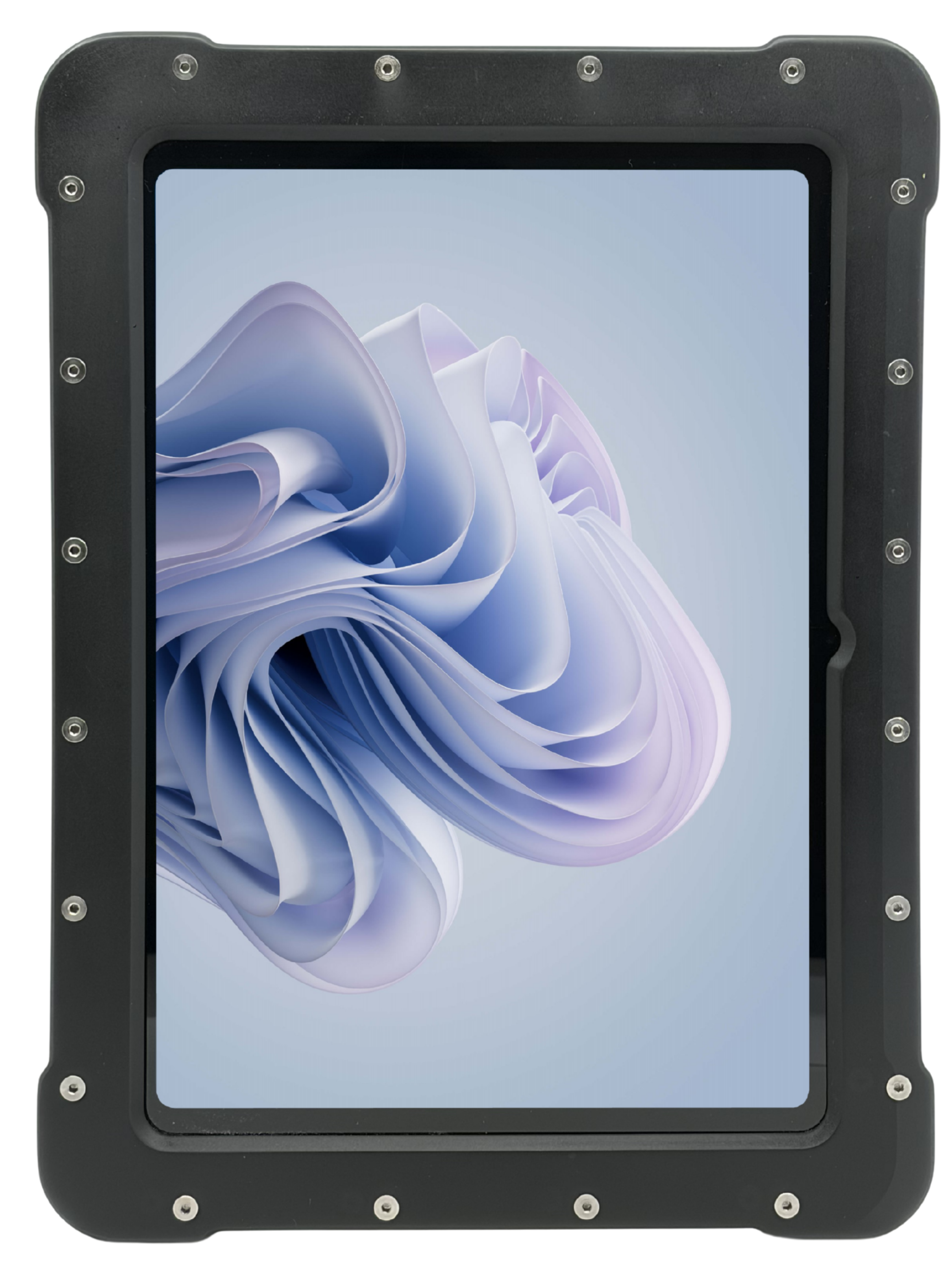 The Armadex Zone 2/22 Ex UniCase for Surface Go, featuring an impact-resistant black frame, displays a pastel abstract design on its screen against a plain white background.