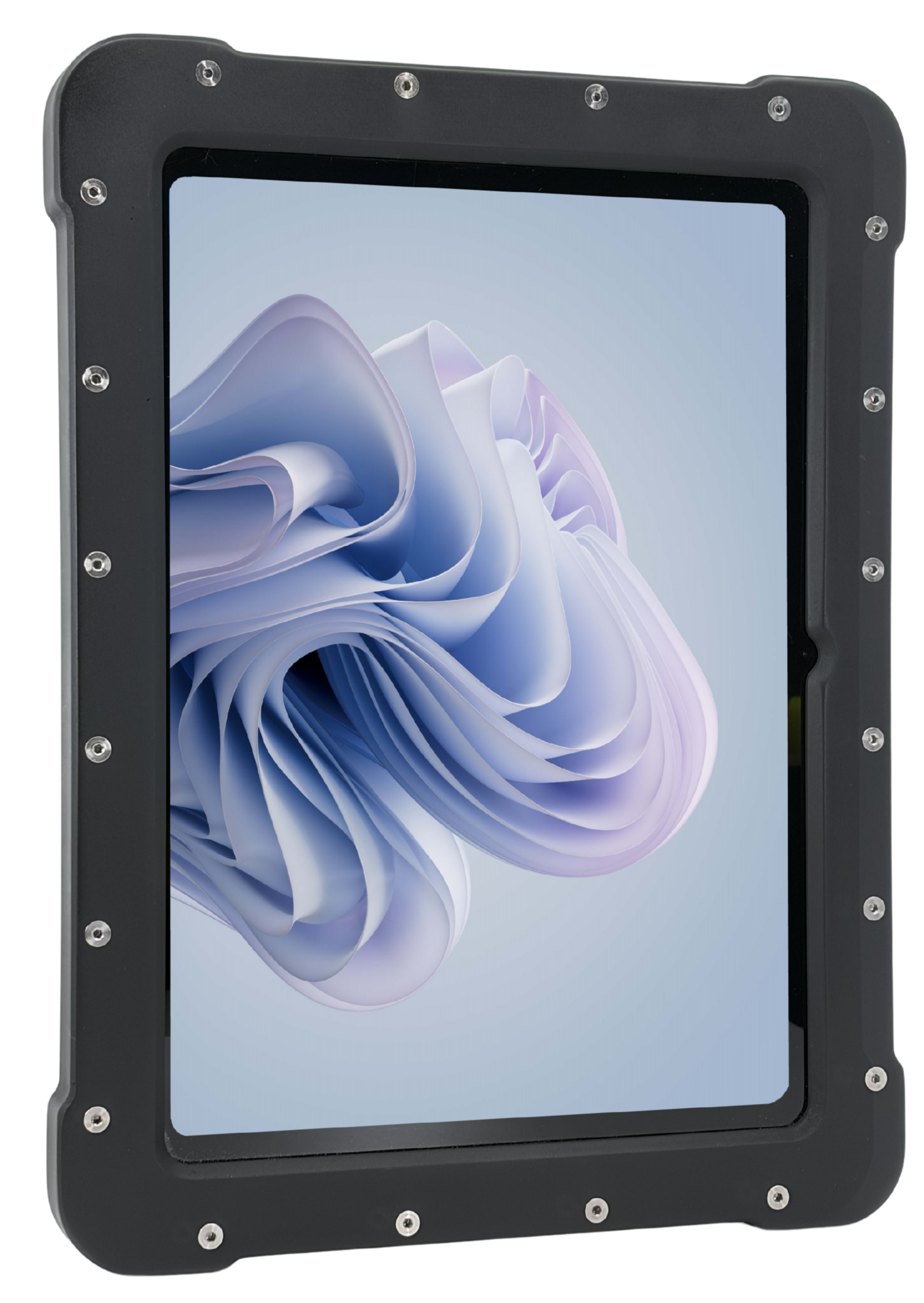 The Armadex Zone 2/22 Ex UniCase - Surface Go is a rugged tablet with an impact-resistant body, a black protective frame, and a screen displaying a light abstract digital design.