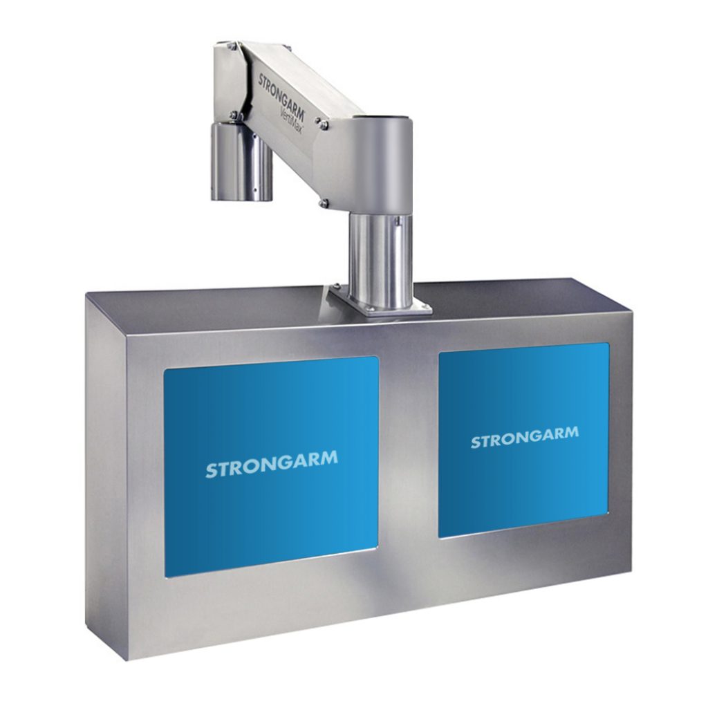The Strongarm VERTIMAX™ is a stainless steel workstation featuring a gas spring-assisted adjustable arm, "STRONGARM" branding, and dual blue display screens.