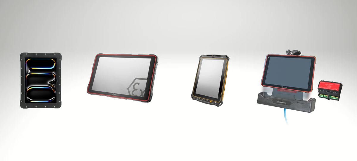 Eight tablets in rugged black cases are shown, labeled as various Surface, iPad, and Galaxy models, with ARMADex branding and certification logos at the bottom.