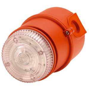 The E2S IS-mC1 IS-minialert is an orange industrial warning beacon with a clear, ridged lens, side mounting bracket, and offers input overload protection for enhanced operational safety.