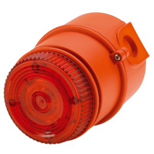 The E2S IS-mC1 IS-minialert is an orange industrial warning beacon with a ribbed, circular red lens, input overload protection, and mounting bracket, shown at an angle against a plain background.