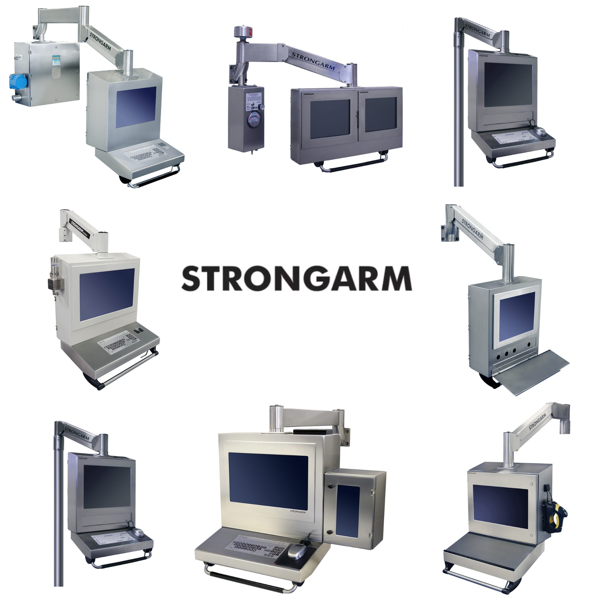 A grid of eight Strongarm MINISTATION™ industrial workstations with NEMA Type 4X stainless steel enclosures, arranged around "STRONGARM" in the center.