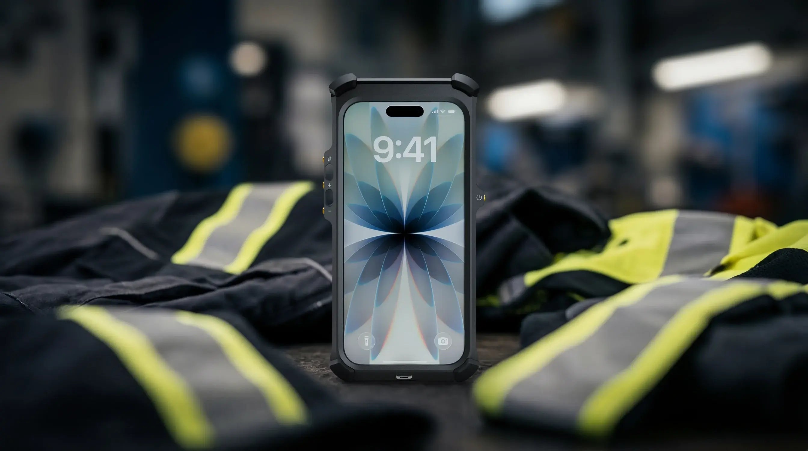 The Xshielder ATEX & IECEx Zone 1/21 Cover for iPhone 17 (phone included) stands upright among high-visibility workwear, showcasing its rugged design and certification for challenging industrial or worksite environments.