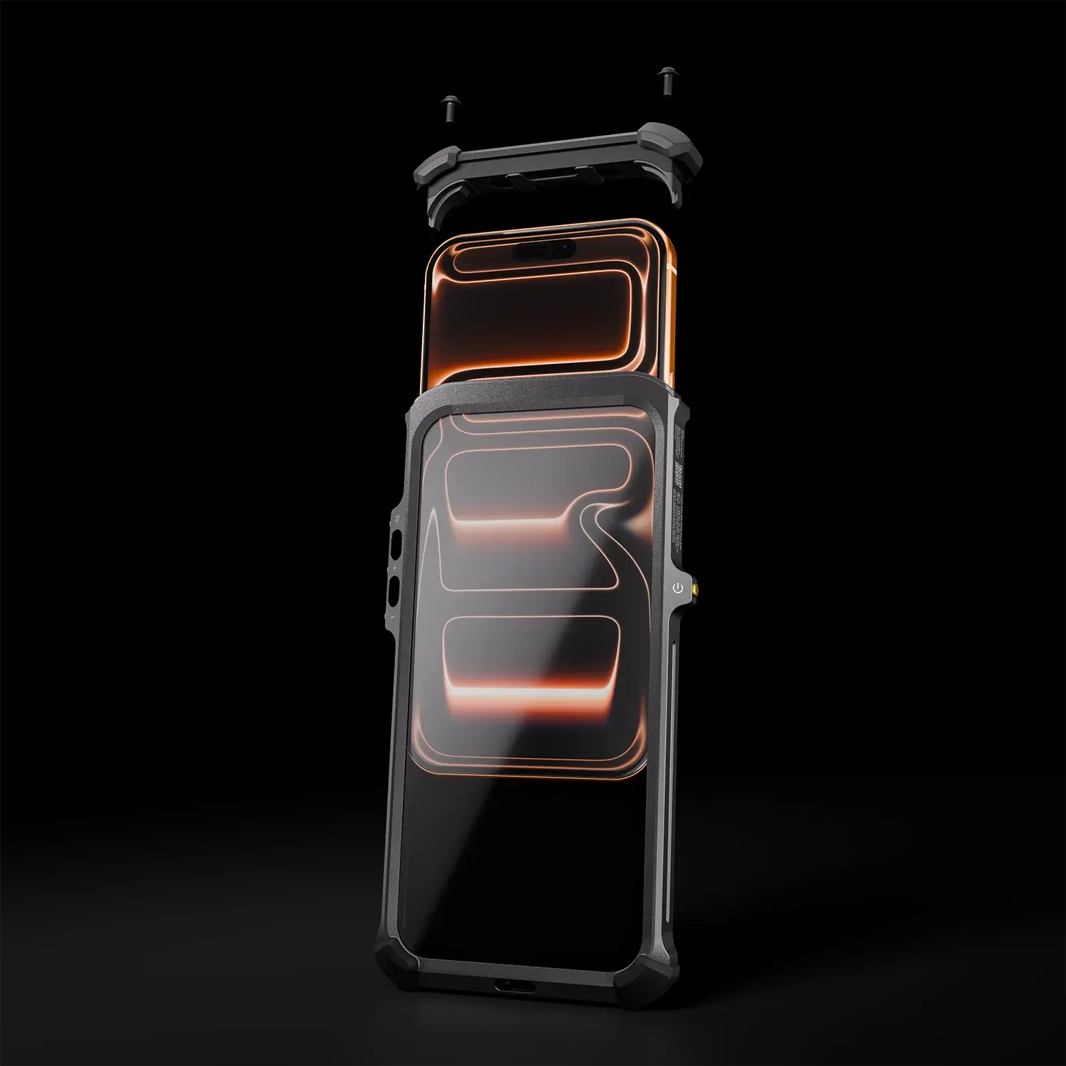 A futuristic smartphone with orange glowing lines is shown in an exploded view against a black background—ideal for highlighting the Xshielder ATEX & IECEx Zone 1/21 Cover for iPhone 17 Pro Max (phone included).