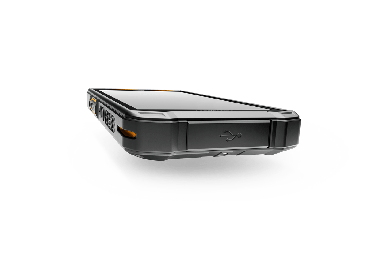 Black rugged i.safe MOBILE IS540.RG 5G smartphone viewed from the bottom, featuring a protective port cover with a USB icon and dual-SIM capability.