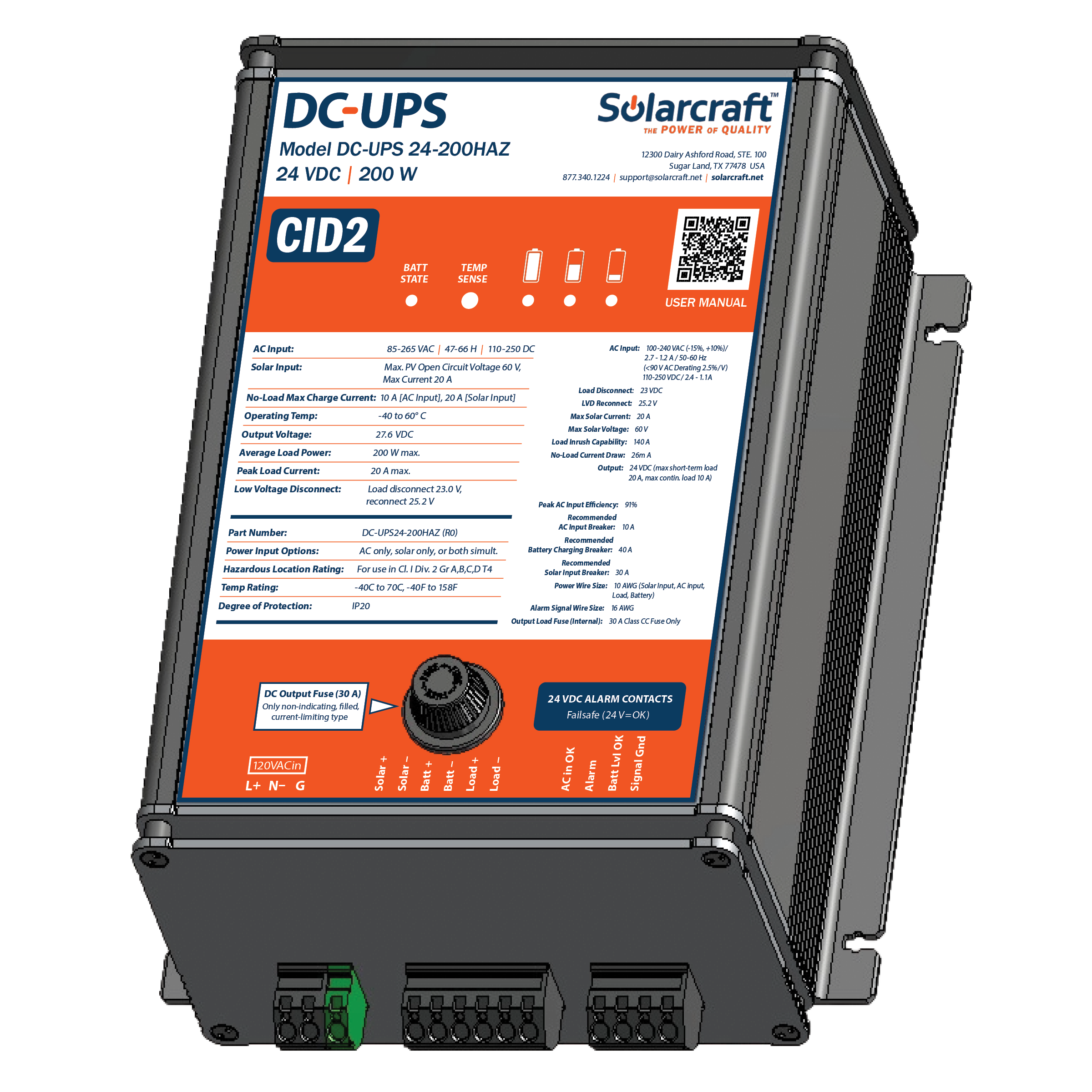 The Solarcraft C1D2 DC-UPS is a rectangular hybrid device with an orange and white front panel, indicator lights, and multiple bottom ports, providing reliable power conditioning for your systems.