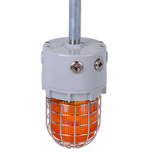 The E2S D1xB2LD2 Explosion Proof LED Multi-function Beacon features an industrial orange warning light with a UV stable lens, stainless steel protective guard, gray fixture, and connection to a vertical metal conduit.