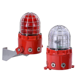 Two E2S D1xB2X21 Explosion Proof Xenon Strobe Beacons 21J—one with a red lens, one clear, both with red bases—provide Fire Alarm signaling, protected by metal cages in marine grade aluminium enclosures.