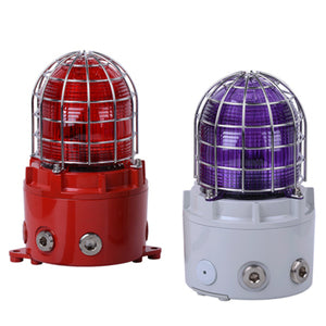 Two E2S D1xB2X21 Explosion Proof Xenon Strobe Beacons—one red with a red base, one purple with a white base—are shown against a white background. Each is a fire alarm signaling device in a marine-grade aluminum enclosure.