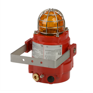 The E2S BExBG10 Explosion Proof Xenon Beacon 10 Joule features an orange warning light, metal protective cage, and mounting bracket—ideal for safety or alert systems and integration into multi-beacon setups.