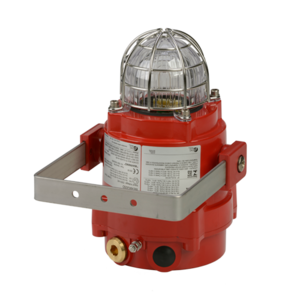 The E2S BExBG10 Explosion Proof Xenon Beacon 10 Joule is a red industrial beacon with a clear caged dome and rugged marine grade aluminium enclosure, complete with metal mounting bracket—ideal for hazardous or emergency environments.