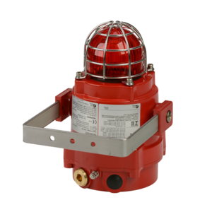 The E2S BExBG15 Explosion Proof Xenon Beacon 15 Joule features a durable red body, protective metal cage, mounting bracket, labels, and connection ports. Ideal for multi-beacon systems, it's shown set against a plain background.