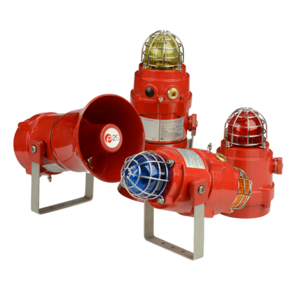 Three industrial red alarm devices, including two E2S BExBG15 Explosion Proof Xenon Beacons (15 Joule) with protective cages and a siren in a marine-grade enclosure, are shown against a plain white background.