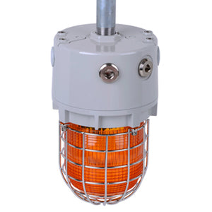 The E2S D1xB2X05 Explosion Proof Xenon Strobe Beacon 5J is an industrial orange warning light with a metal cage and gray marine grade aluminum enclosure, ideal for fire alarm signaling and compliant with strict safety standards.