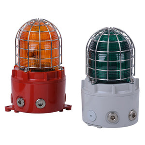 Two E2S D1xB2X05 Explosion Proof Xenon Strobe Beacon 5J units—one orange/red base, one green/gray base with metal cages—are shown together, ideal as fire alarm signaling devices tested to EN54-23 standards.