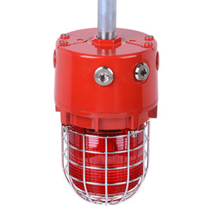 The E2S D1xB2X10 Explosion Proof Xenon Strobe Beacon 10J features a red beacon with a protective metal cage, marine grade aluminum enclosure, and vertical pole mount—ideal for signaling in harsh environments.