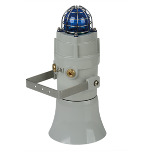 The E2S D1xC1X05F 115dB(A) Alarm Horn & 5J Strobe features a gray industrial design with a blue protective cage and side metal mounting bracket, ideal for integration into multi-beacon systems.